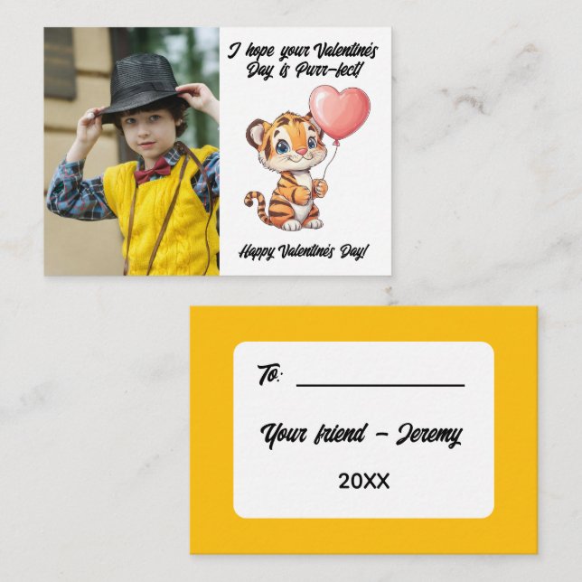 Customizable Adorable Tiger Classroom Valentine Card (Front/Back)