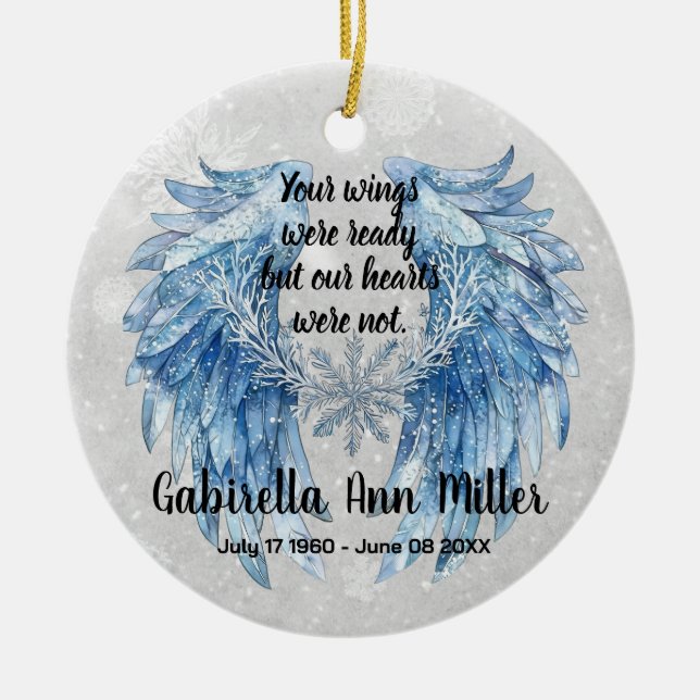 Customizable Angel Wings Memorial with Snowflake Ceramic Tree Decoration (Front)