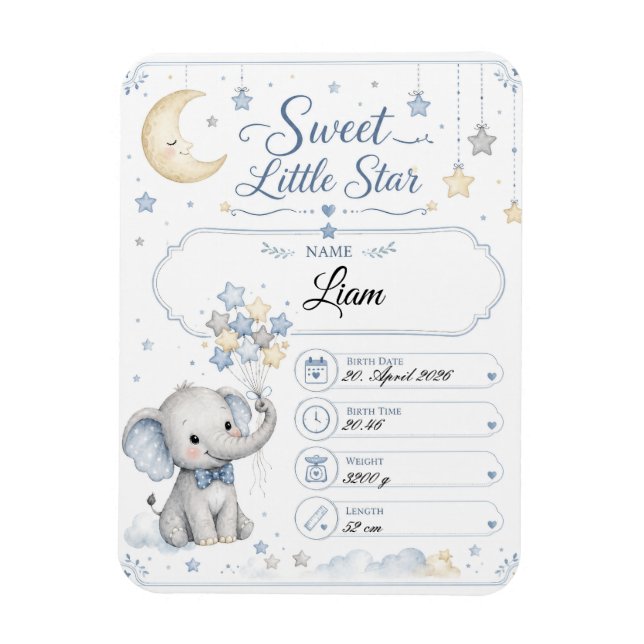 Customizable Baby Birth Board with Elephant Magnet (Vertical)