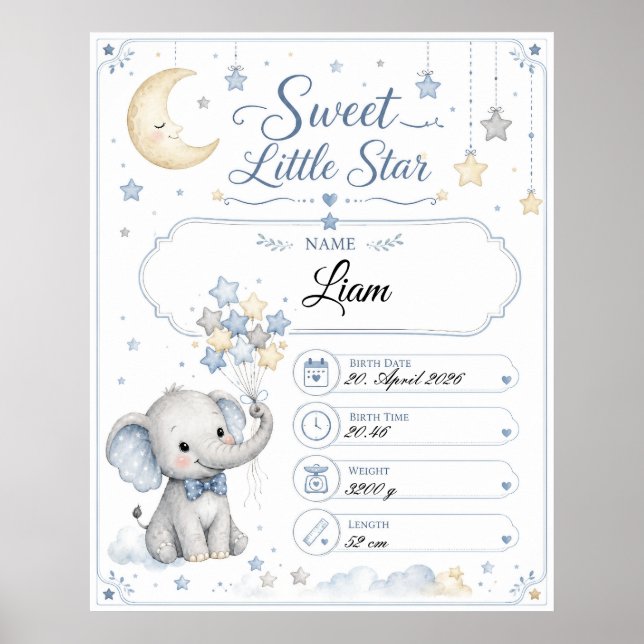 Customizable Baby Birth Board with Elephant Poster (Front)