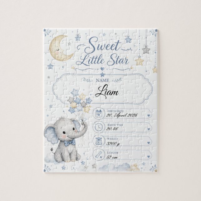Customizable Baby Birth Chart with Elephant Jigsaw Puzzle (Vertical)