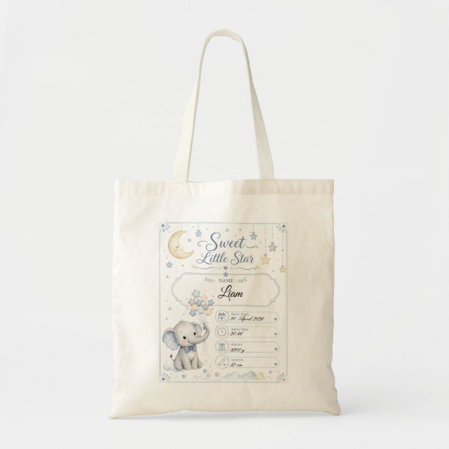 Customizable Baby Birth Chart with Elephant Tote Bag (Front)