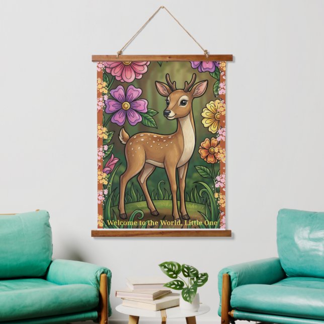 Customizable Baby Fawn Nursery-Welcome to the Worl Hanging Tapestry (Living Room)