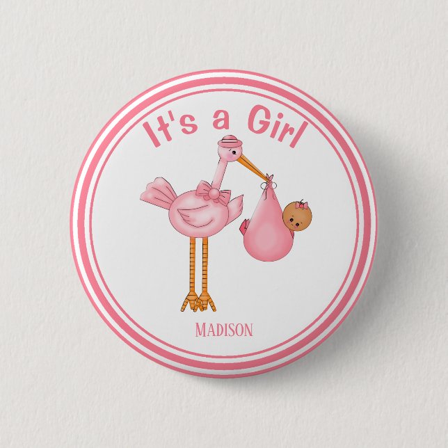 Customizable Baby Shower Stork Baby Girl 6 Cm Round Badge (Front)