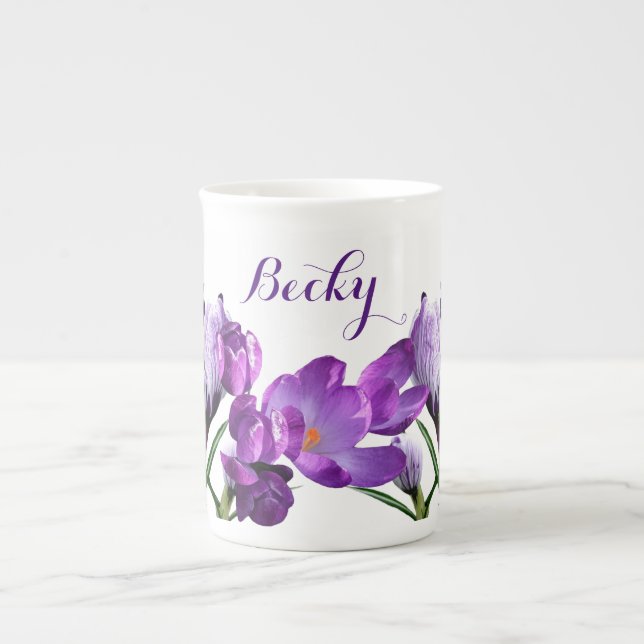 Customizable Becky name pretty purple flower fun   Bone China Mug (Front)