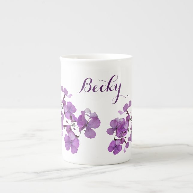 Customizable Becky name purple floral retro style Bone China Mug (Front)