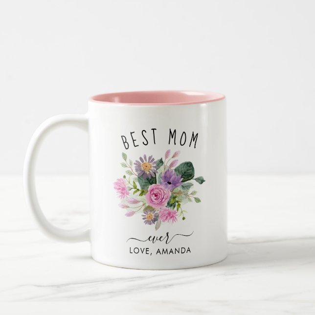 CUSTOMIZABLE Best Mom Ever-Trendy Burgundy Boho Co Two-Tone Coffee Mug (Left)