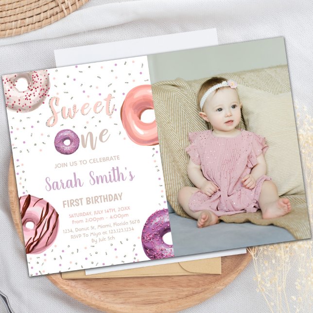 Customizable Birthday Party Invitations for Kids (Sweet One Donut Birthday Invitations with photo)