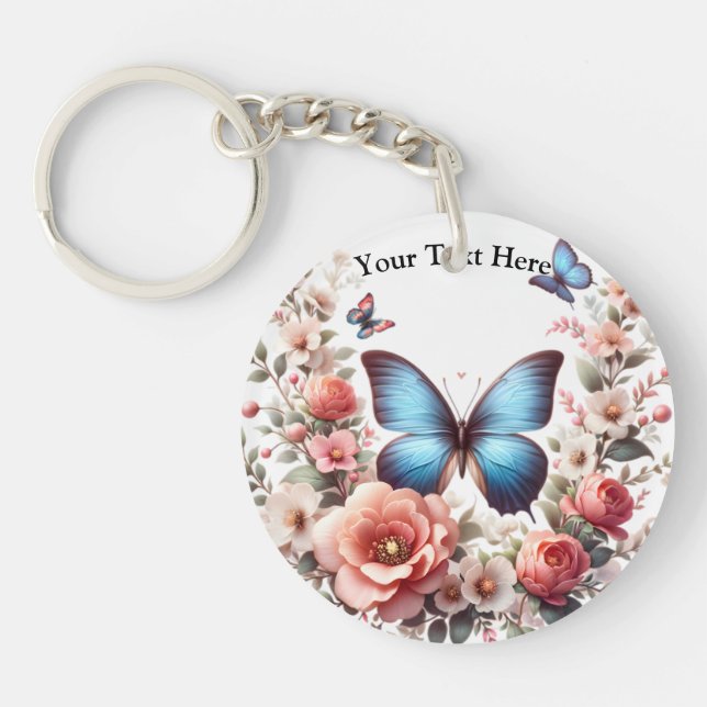 Customizable Blue Butterfly Floral Art-96279 Key Ring (Front)
