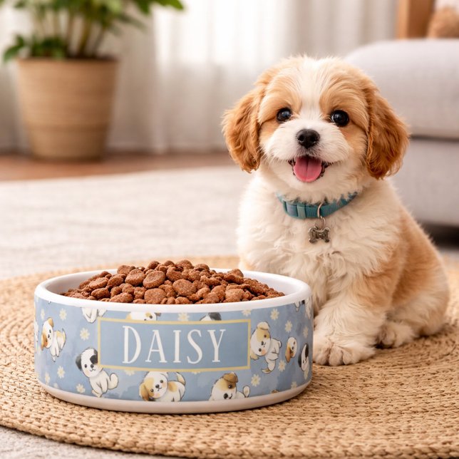 Customizable Blue Puppy and Floral Pattern  Bowl (Creator Uploaded)