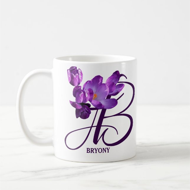 Customizable Bryony name purple flowers monogram Coffee Mug (Left)