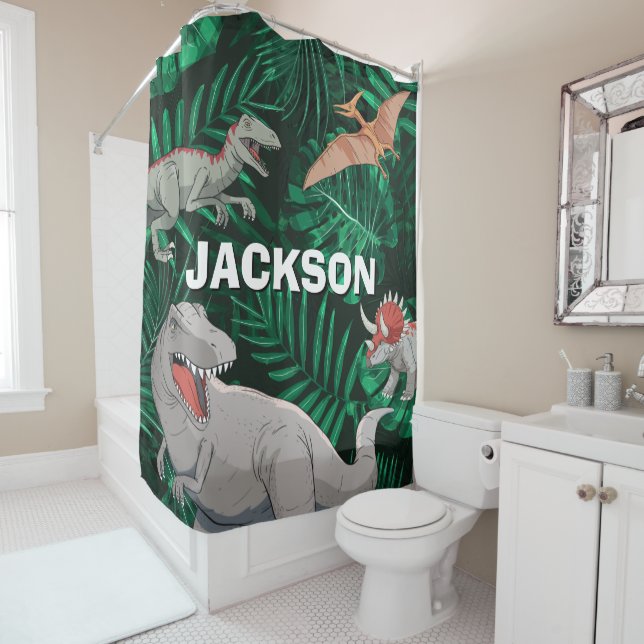 Customizable Dinosaur Kids Dino Jurassic Trex Boy Shower Curtain (In Situ)
