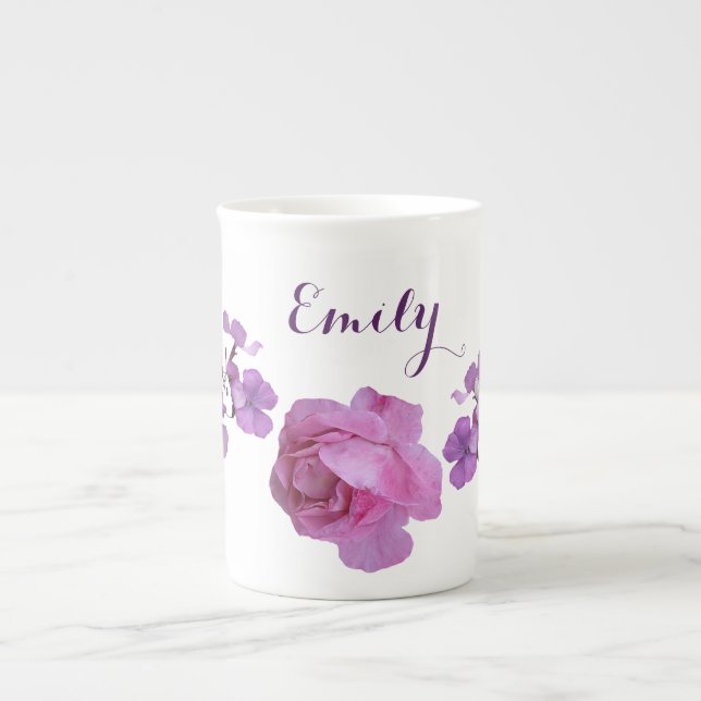 Customizable Emily name pink rose purple floral Bone China Mug (Front)