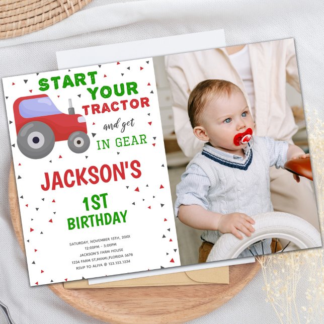 Customizable Farm Party Invitations for Kids (Photo Red Tractor Birthday Invitations)