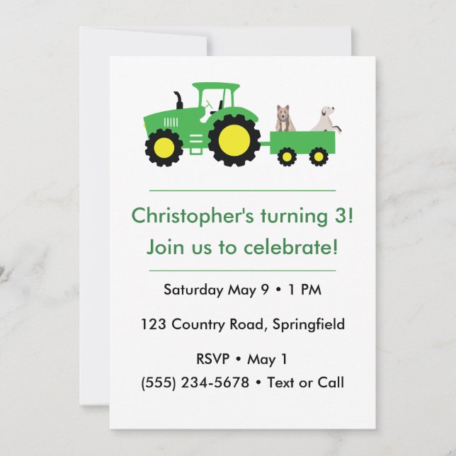Customizable Farm Tractor Birthday Invitation (Front)