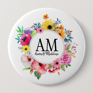 Customizable Floral Monogram Colorful Bouquet 10 Cm Round Badge