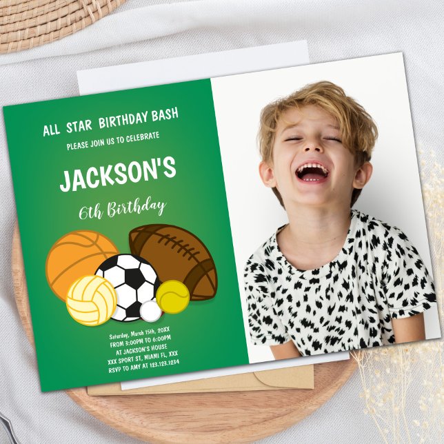 Customizable Fun Party Invitations for Kids (Center Sports Balls Birthday Invitations w photo)