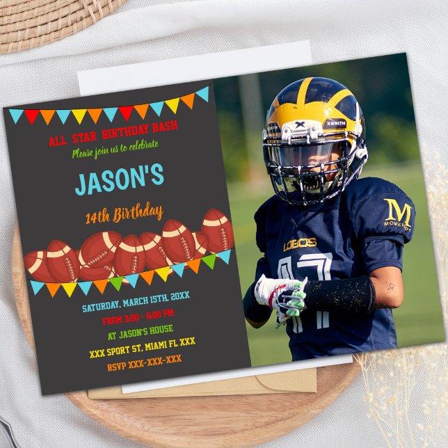 Customizable Fun Sports Party Invitations for Kids (Colors Flags Football Birthday Invitations w photo)