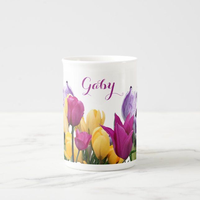 Customizable Gaby name colorful spring flowers Bone China Mug (Front)