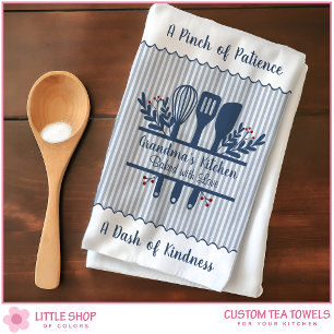 Customizable Grandmas Kitchen Blue Stripes Tea Towel