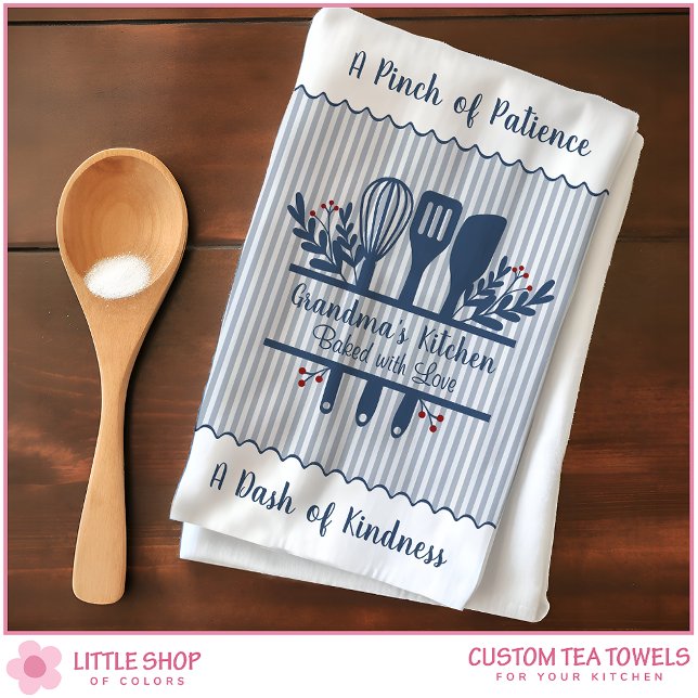 Customizable Grandmas Kitchen Blue Stripes Tea Towel (Creator Uploaded)