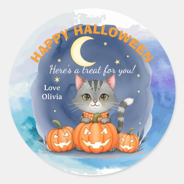 Customizable Halloween Cat Design and Pumpkins Classic Round Sticker (Front)