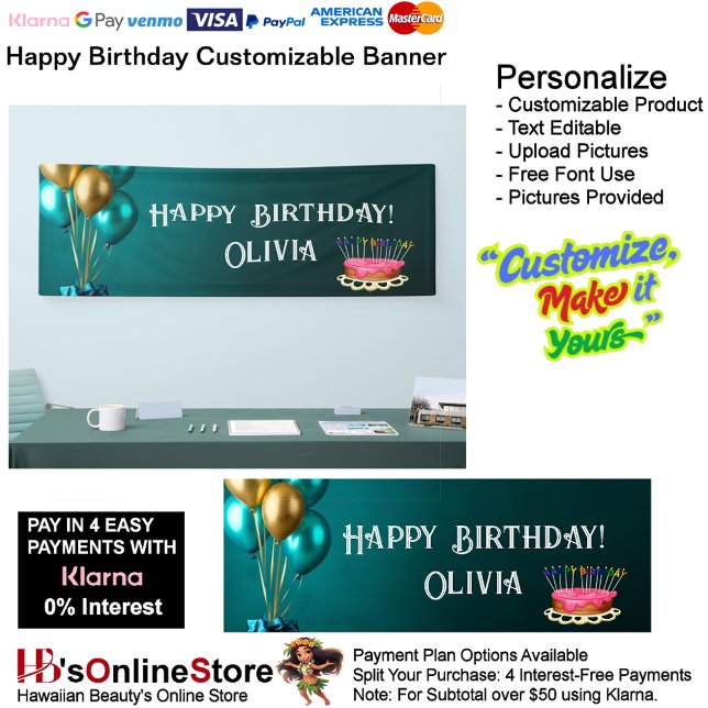 Customizable Happy Birthday Banner 1 (Happy Birthday Gold Green Party Supplies Celebrate Decoration Presents 1.
)