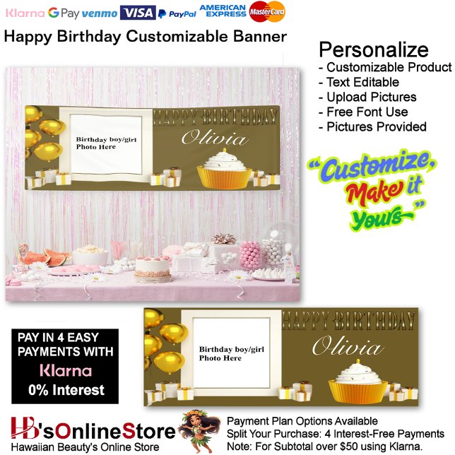 Customizable Happy Birthday Banner 5 (Happy Birthday Gold Party Supplies Celebrate Cupcake Presents 5.)