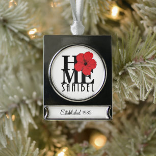 Customizable HOME Sanibel Hibiscus (add year est.) Silver Plated Banner Ornament