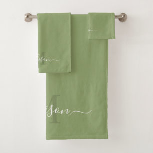 Customizable Initial & Name with Light Sage Green Bath Towel Set