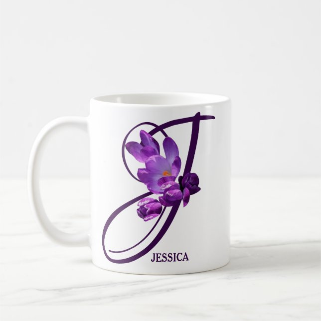 Customizable Jessica name purple crocus floral fun Coffee Mug (Left)