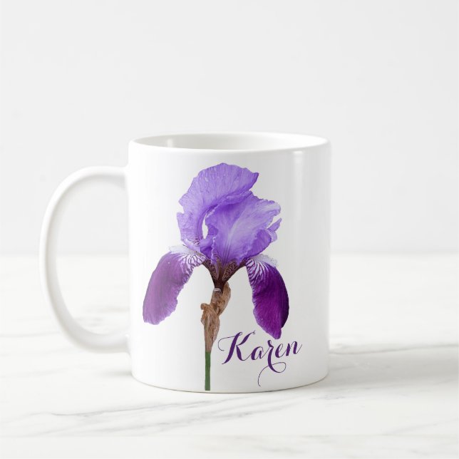 Customizable Karen name pretty purple iris floral  Coffee Mug (Left)
