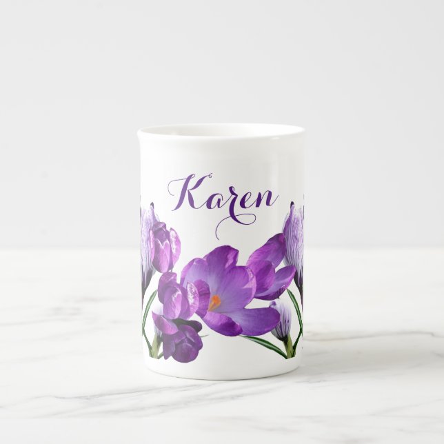Customizable Karen name purple crocus floral fun Bone China Mug (Front)