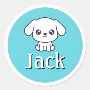 Customizable Kids Name Sticker White Puppy Design