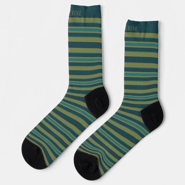 Customizable Light Dark Yellow Green Stripes  Socks (Left)