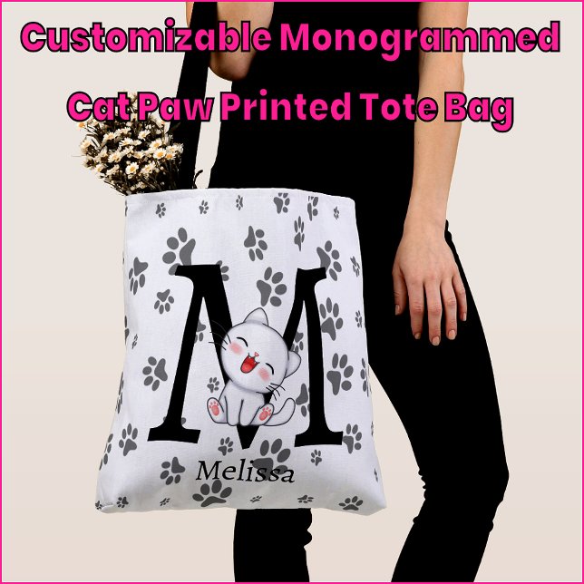 Customizable Monogrammed Cat Paw Printed Tote Bag (Creator Uploaded)
