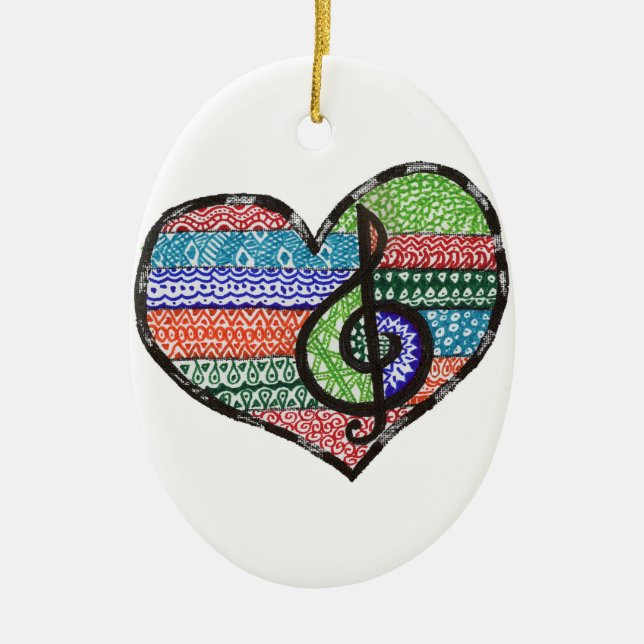 Customizable Music Heart Treble Clef Doodle Ceramic Tree Decoration (Front)