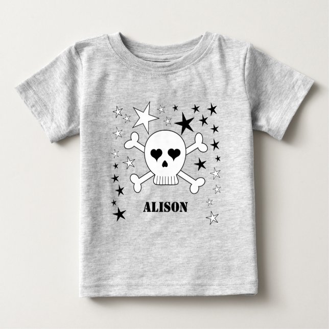 Customizable Name Cute Skull and Crossbones Baby T-Shirt (Front)