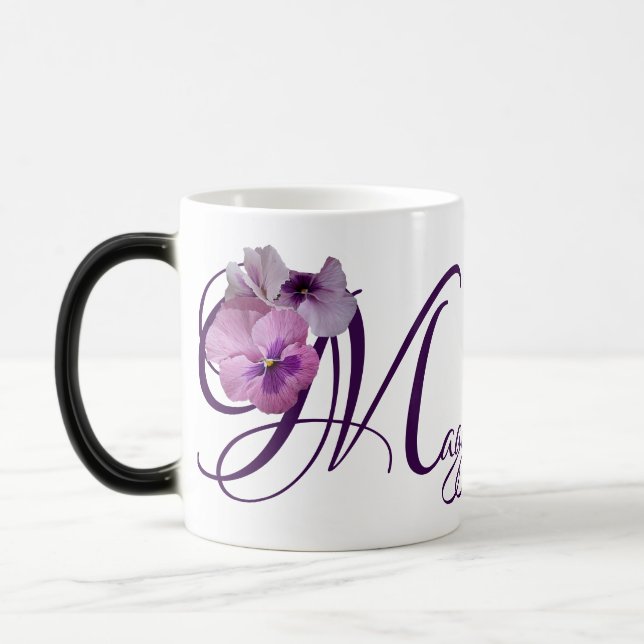 Customizable name Maggie purple pansy floral boho  Magic Mug (Left)