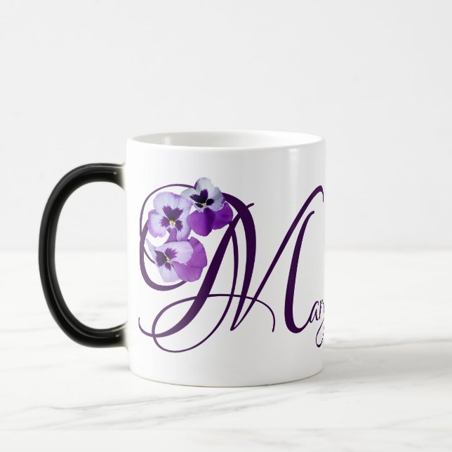 Customizable name Mary purple pansy floral boho  Magic Mug (Left)