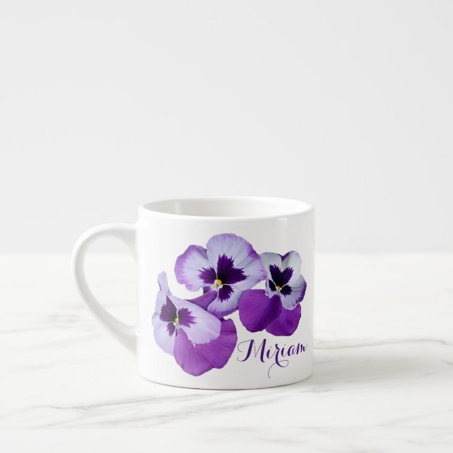 Customizable name Miriam pretty purple pansy flora Espresso Cup (Left)