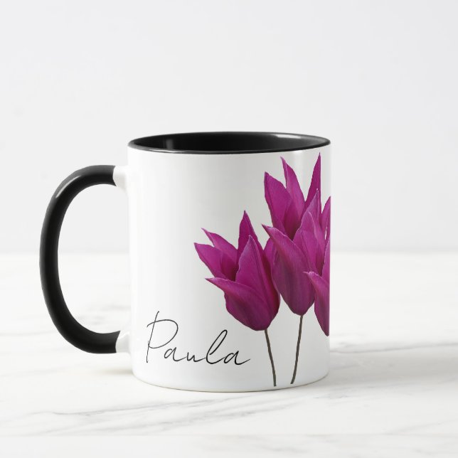 Customizable name Paula pretty pink tulips floral Mug (Left)