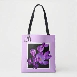 Customizable name personalized purple flowers  tote bag