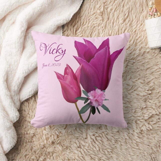 Customizable name Vicky pretty pink tulips floral Cushion (Blanket)