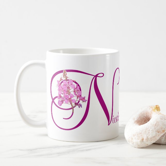 Customizable Nicole name pretty pink floral classy Coffee Mug (With Donut)