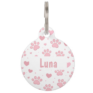 Customizable Pet Name Pink Paw Print and Hearts Tag