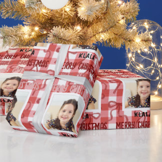 Customizable Photo & Name Christmas Check Ribbon Wrapping Paper