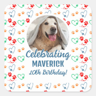 Customizable Photo Paw Print Dog Birthday Party Square Sticker