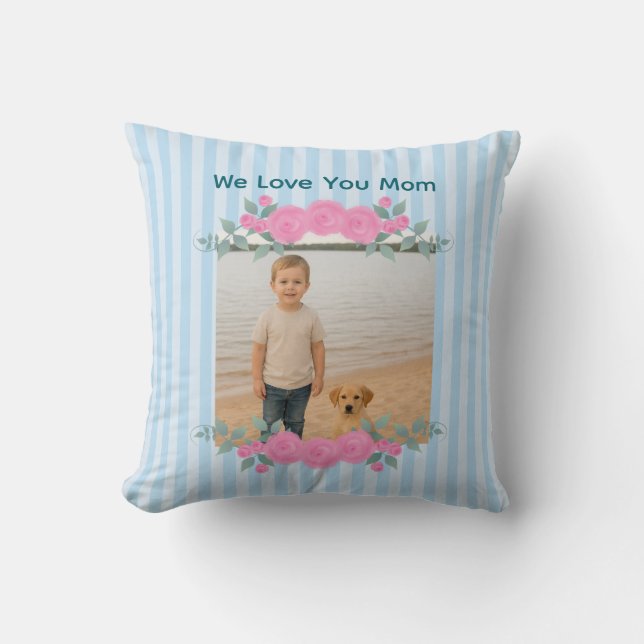 Customizable Photo Throw Pillow Roses Blue Stripes (Front)