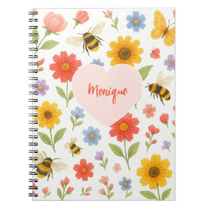 Customizable Pink Orange Floral and Bee Pattern  Notebook